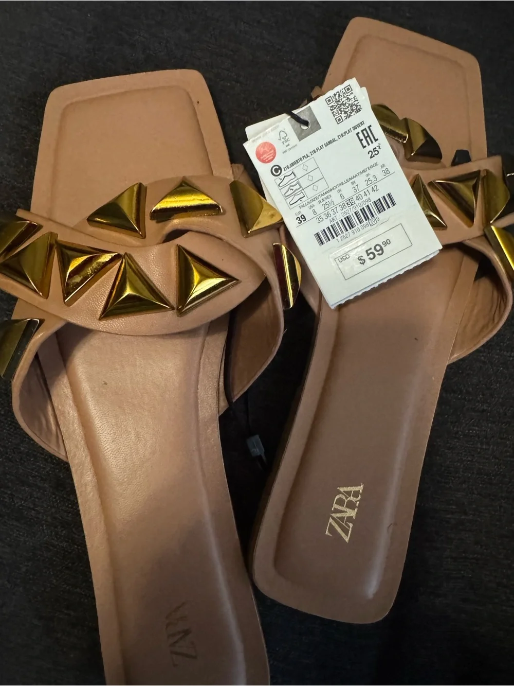 Zara Tan Slide Sandals with Gold Pyramid Accents - Picture 2 of 3